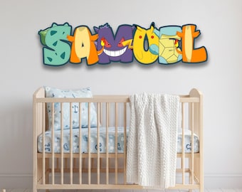 Letrero de madera personalizado con nombre para habitación infantil, vinilo decorativo de pared personalizado, diseño de criatura eléctrica amarilla, placa con nombre para niño, regalo para guardería.