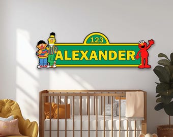 Letrero personalizado de Plaza Sésamo, Letrero de calle con nombre personalizado, Decoración para fiesta de cumpleaños, Arte de pared para habitación infantil, Regalo para niños pequeños, Regalo para bebés, Recién nacidos