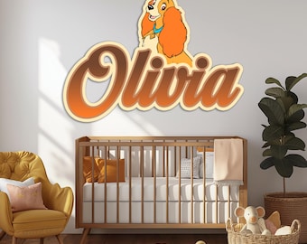 Decoración de pared de madera de La Dama y el Vagabundo, letrero personalizado para habitación infantil, letrero de madera con nombre de personajes de Disney, letrero de puerta con nombre personalizado, arte de pared para guardería