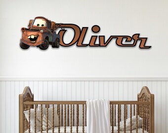 Letrero de madera personalizado para habitación infantil de Disney Cars, letrero de madera para puerta con nombre de personajes de Disney, letrero de pared personalizado con nombre de Cars Mater para guardería.