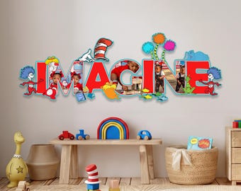 Personalized Picture Collage Dr. Seuss Wooden Sign, Custom Kids Room Door Sign, Dr. Seuss Decor, Disney Name Sign, Custom Wooden Room Sign