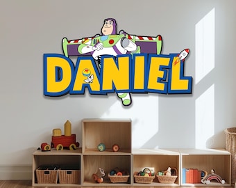Decoración de pared de madera para sala de juegos con nombre personalizado de Toy Story, letrero de madera personalizado para puerta de habitación infantil, letrero de arte de pared para guardería con personajes de Toy Story