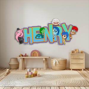 May include: A wall decal featuring the name HENRY in large, light blue letters with orange outlines. The design includes colorful cartoon characters from the movie Inside Out, including Bing Bong, Disgust, Sadness, Joy, and Anger, integrated into the text.