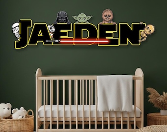 Letrero personalizado con nombre de Star Wars, decoración de pared de madera personalizada de Star Wars, placa con nombre para habitación infantil impresa en vinilo, regalo para habitación de niño