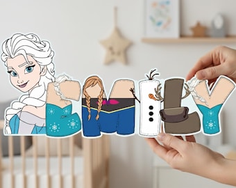 Decoración de pared de madera personalizada para habitación infantil con la Princesa Elsa de Disney, arte de pared de madera con el nombre de los personajes de Disney para la habitación del bebé, letrero de puerta con aspecto brillante para habitación de bebé