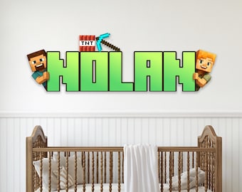 Cabeceros de cama personalizados para habitaciones infantiles, fiesta de cumpleaños con temática minera, adorno de pared con temática minera, decoración de pared para sala de juegos, letrero de madera con nombre para puerta con temática minera, gamer