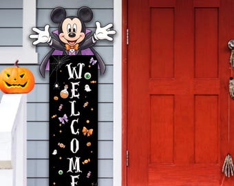 Halloween Mickey and Friends Door Sign, Custom Family Name Round Wooden Door Hanger, Spooky Castle Front Door Decoration 2026