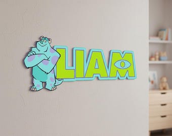 Monsters Sully Custom Name Wooden Wall Decor, Personalized Kids Room Sign, Nursery Wall Art, Character Name Door Sign