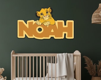 Letrero de madera personalizado con nombre de Disney para habitación infantil, decoración de pared con temática del Rey León, placa con nombre de vinilo impreso para guardería.