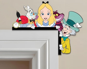 Letrero de esquina para puerta de Alicia en el País de las Maravillas, letrero de esquina de madera con el Sombrerero Loco y el Conejo Blanco, letrero de pared de Disney, decoración de pared para habitación infantil
