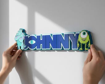 Decoración de pared de madera con nombre personalizado de los monstruos Sully y Mike, letrero personalizado para habitación infantil, arte de pared para guardería, letrero para puerta con nombre de personaje