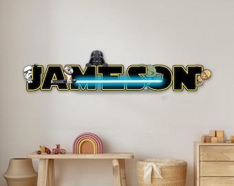 Letrero de nombre personalizado de Star Wars, decoración de pared de madera personalizada de Star Wars, placa de vinilo con nombre para habitación de bebé, regalo para habitación de niño