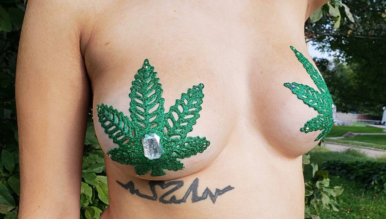 Cannabis Pot Weed Leaf Glitter Pasties Nipple Covers Body image 1