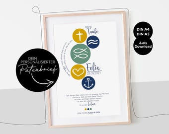 May include: A framed print with the words "MEINE Taufe" and "Felix 23.09.2021". The design includes religious symbols in circles, such as a cross, fish, and anchor. The print is in a light wood frame.