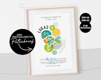 May include: Framed print with a colorful fish illustration, text includes "Lukas" and "19 Februar 2022". The artwork features a cross, anchor, and various decorative elements. The print is available in DIN A4 and A3 sizes.