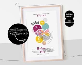 May include: Framed print with a light wood frame. The print features a colorful illustration of a fish with the name "Svea" and text in German. Additional text includes "DIN A4, DIN A3, & als Download" and "Dein Personalisierter Patenbrief."