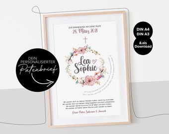 Personalized Baptism Certificate with Flower Wreath | Personalized Godparent Certificate | Baptism Gift for Godmothers and Godfathers for Girls | Digital Wall Art