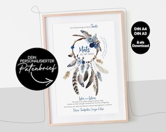 May include: A framed print featuring a watercolor dreamcatcher design in shades of blue, brown, and white. The print includes text in German, with the name "Mats" and the date "25-06-2022" prominently displayed. Additional text is also present.