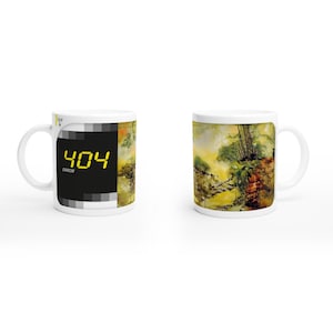May include: White ceramic mug featuring a digital display with the number "404" in yellow, with the word "ERROR" below it. The other side of the mug has a colorful abstract landscape design with trees and a yellow sky.