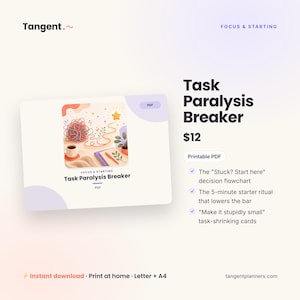 May include: A digital product titled Task Paralysis Breaker, a printable PDF featuring a graphic of a tangled yarn ball, a coffee cup, and a notebook. The text includes The Stuck? Start here decision flowchart, the 5-minute starter ritual, and Make it stupidly small task-shrinking cards.
