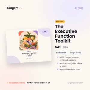 Peut inclure: Un ensemble de produits numériques intitulé The Executive Function Toolkit avec un graphique d'une boîte verte ouverte remplie d'icônes dont une étoile, un cœur, une horloge, une ampoule et une manette de jeu. Formats PDF et Google Sheets.