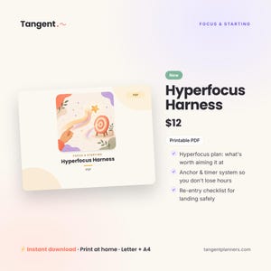 May include: A digital product listing for the Hyperfocus Harness, a printable PDF. The graphic shows a hand pointing toward a star and a target. Text includes Focus & Starting, Hyperfocus Harness, and a list of features like a plan, timer system, and checklist.