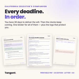 May include: A digital document set titled California Executor's Companion, featuring three white pages with black text. The pages include a guide, a master deadline calendar, and a debts and creditor claims log, all designed for estate management.