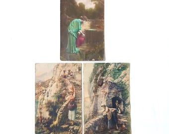 3 antieke Europese kunstansichtkaarten met afbeeldingen van waterdraagsters uit Italië en Duitsland. Vintage landschapsfoto's.