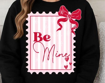 Znaczek pocztowy Coquette Valentines w formacie PNG SVG, Serce walentynkowe Be Mine w formacie PNG, Koszulka walentynkowa Preppy z malowaną kokardą, Natychmiastowe pobieranie, Pliki do cięcia