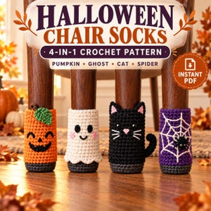 Puede incluir: Un patrón de ganchillo 4 en 1 para calcetines de silla de Halloween con cuatro diseños: una calabaza naranja, un fantasma blanco, un gato negro y una telaraña morada. El texto dice HALLOWEEN CHAIR SOCKS 4-IN-1 CROCHET PATTERN PUMPKIN GHOST CAT SPIDER.
