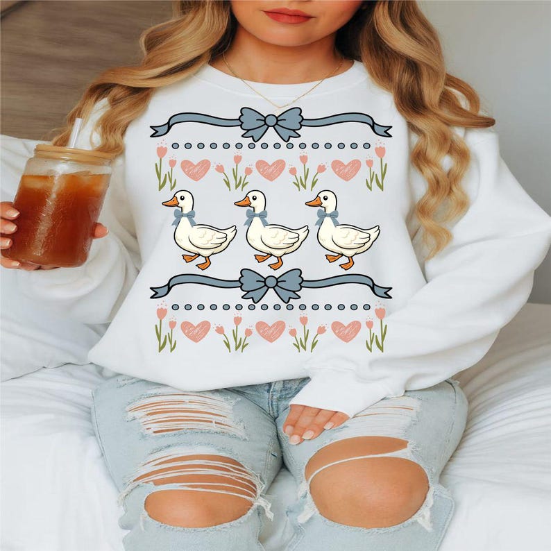 Desindie, Cute Goose Pattern, Blue Ribbon Goose, Groovy Retro Goose, Silly Goose Coquette, Vintage Goose Svg, Cottage Core Svg, Goose Sweater Svg, Floral Heart Pattern, Ugly Sweater 1980s, Digital Download, Goose Clipart Shirt, Vintage Geese Png