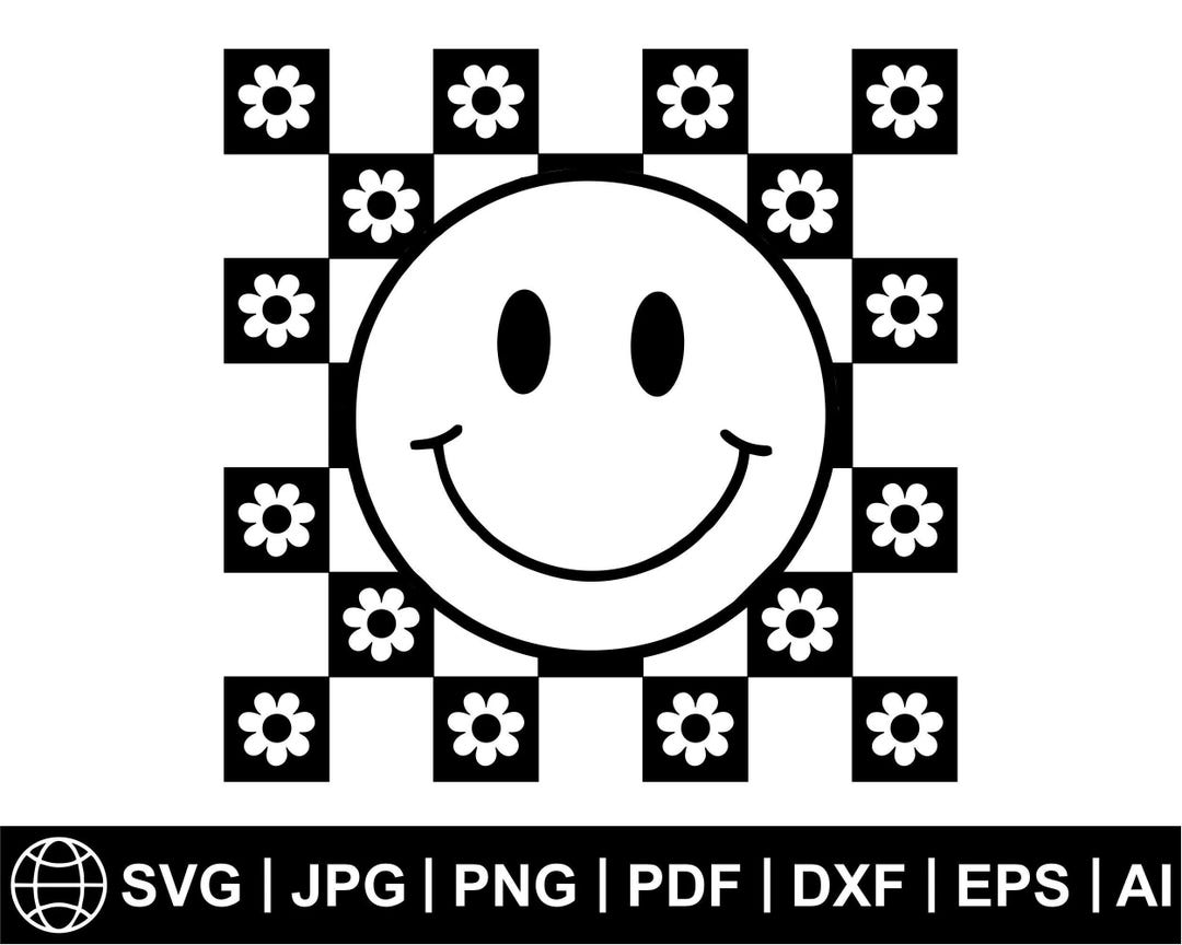 Checkered Flower Smiley Face SVG PNG, Boho Shirt Sublimation Design ...