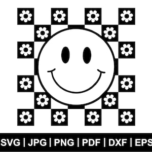 May include: Black and white graphic design featuring a smiling face in the center, surrounded by a checkerboard pattern with flower accents. The image includes file type options: SVG, JPG, PNG, PDF, DXF, EPS, and AI.