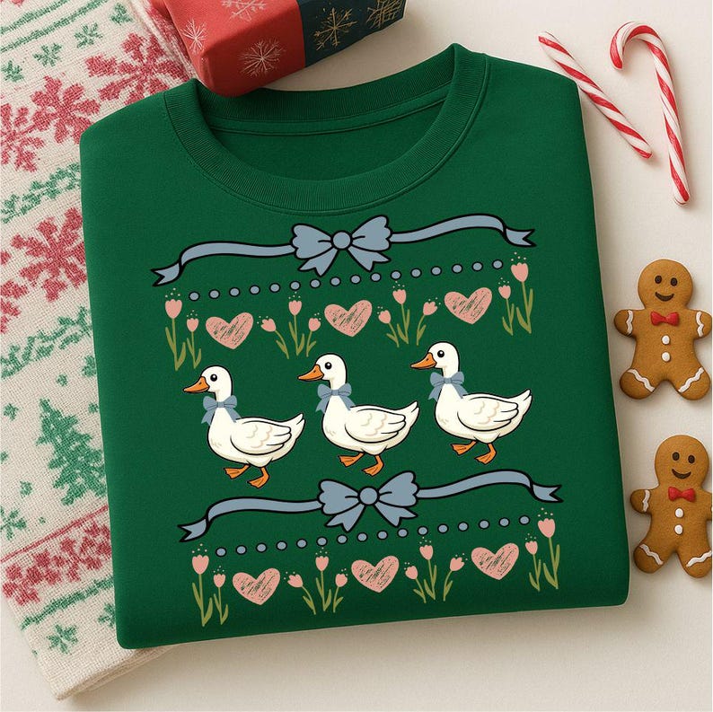 Desindie, Cute Goose Pattern, Blue Ribbon Goose, Groovy Retro Goose, Silly Goose Coquette, Vintage Goose Svg, Cottage Core Svg, Goose Sweater Svg, Floral Heart Pattern, Ugly Sweater 1980s, Digital Download, Goose Clipart Shirt, Vintage Geese Png