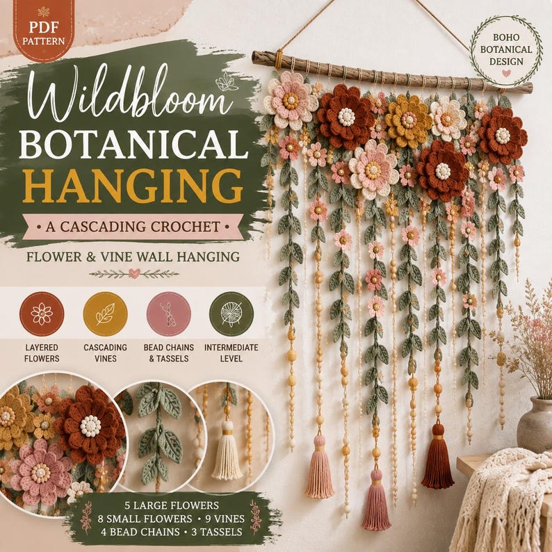 Wild Bloom Botanical Hanging Crochet Pattern, Crochet Floral Wall Hanging Pattern Pdf, Boho Botanical Decor Flower, Botanical Garland Decor