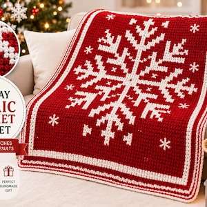 May include: A red and white crochet blanket featuring a large central snowflake pattern with smaller snowflake accents. The blanket has a thick white border and is displayed on a sofa. Text on the image reads OVERLAY MOSAIC CROCHET BLANKET.