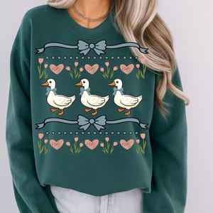 Desindie, Cute Goose Pattern, Blue Ribbon Goose, Groovy Retro Goose, Silly Goose Coquette, Vintage Goose Svg, Cottage Core Svg, Goose Sweater Svg, Floral Heart Pattern, Ugly Sweater 1980s, Digital Download, Goose Clipart Shirt, Vintage Geese Png
