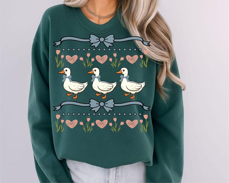 Desindie, Cute Goose Pattern, Blue Ribbon Goose, Groovy Retro Goose, Silly Goose Coquette, Vintage Goose Svg, Cottage Core Svg, Goose Sweater Svg, Floral Heart Pattern, Ugly Sweater 1980s, Digital Download, Goose Clipart Shirt, Vintage Geese Png
