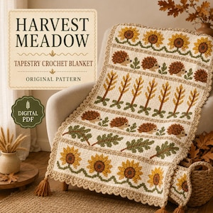 May include: A cream-colored tapestry crochet blanket featuring horizontal rows of sunflowers, brown hedgehogs, wheat stalks, and green oak leaves. The blanket has a scalloped border with tassels at the corners. Text reads HARVEST MEADOW.