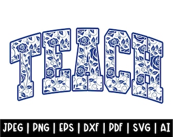 Teach Chinoiserie Varsity SVG, Blue Floral Teacher Shirt PNG (Descarga digital)