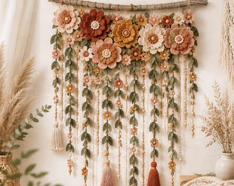 Wild Bloom Botanical Hanging Crochet Pattern, Crochet Floral Wall Hanging Pattern Pdf, Boho Botanical Decor Flower, Botanical Garland Decor