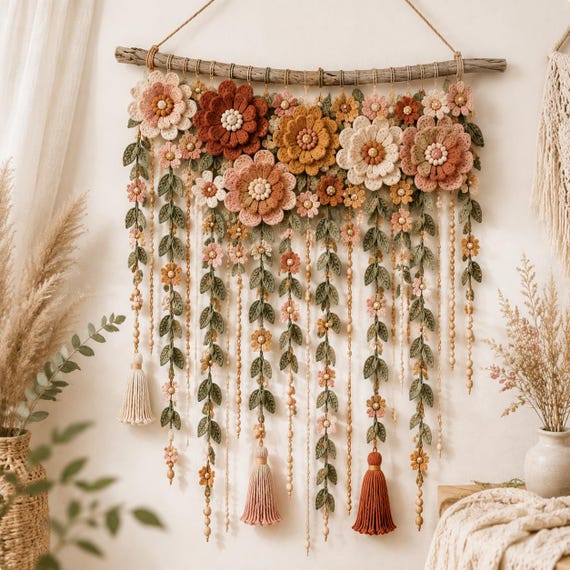 Wild Bloom Botanical Hanging Crochet Pattern, Crochet Floral Wall Hanging Pattern Pdf, Boho Botanical Decor Flower, Botanical Garland Decor