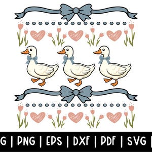 Desindie, Cute Goose Pattern, Blue Ribbon Goose, Groovy Retro Goose, Silly Goose Coquette, Vintage Goose Svg, Cottage Core Svg, Goose Sweater Svg, Floral Heart Pattern, Ugly Sweater 1980s, Digital Download, Goose Clipart Shirt, Vintage Geese Png