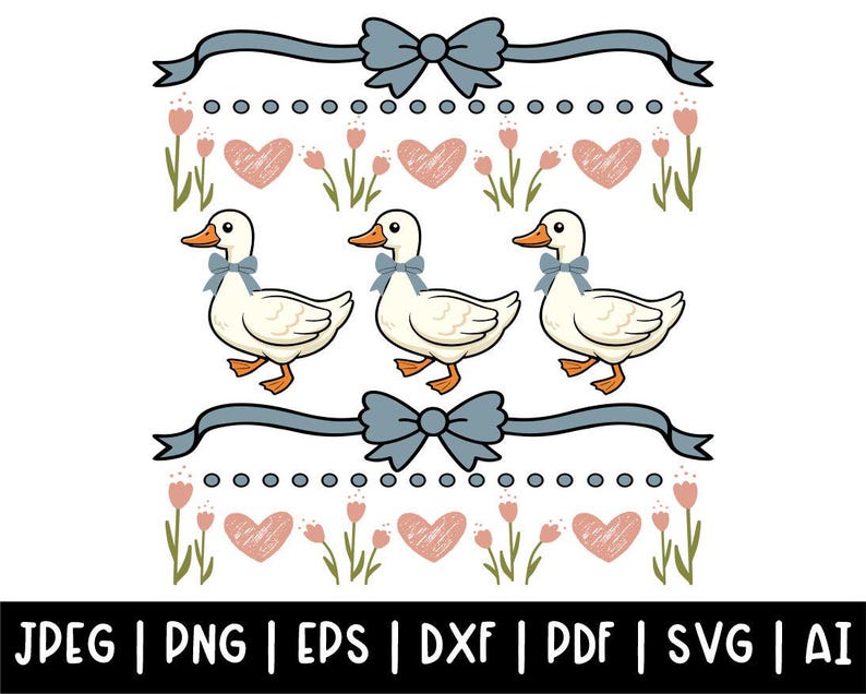 Desindie, Cute Goose Pattern, Blue Ribbon Goose, Groovy Retro Goose, Silly Goose Coquette, Vintage Goose Svg, Cottage Core Svg, Goose Sweater Svg, Floral Heart Pattern, Ugly Sweater 1980s, Digital Download, Goose Clipart Shirt, Vintage Geese Png