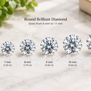 May include: Six round brilliant diamonds arranged in a row, increasing in size from 6 mm to 11 mm. Text above reads Round Brilliant Diamond Sizes from 6 mm to 11 mm. Below each diamond, text indicates sizes from 6 mm (0.90 ct) to 11 mm (5.00 ct).