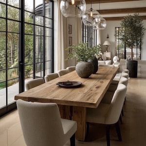 Puede incluir: Una gran mesa de comedor rústica de madera con capacidad para diez personas. La mesa está rodeada de sillas tapizadas de color beige. Encima, tres lámparas colgantes de globo de cristal cuelgan sobre la mesa. La habitación cuenta con grandes ventanales y un árbol decorativo.