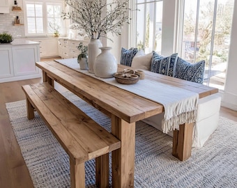 Handgemaakte eiken eettafel, rustieke boerderijstijl, op maat gemaakte houten tafel