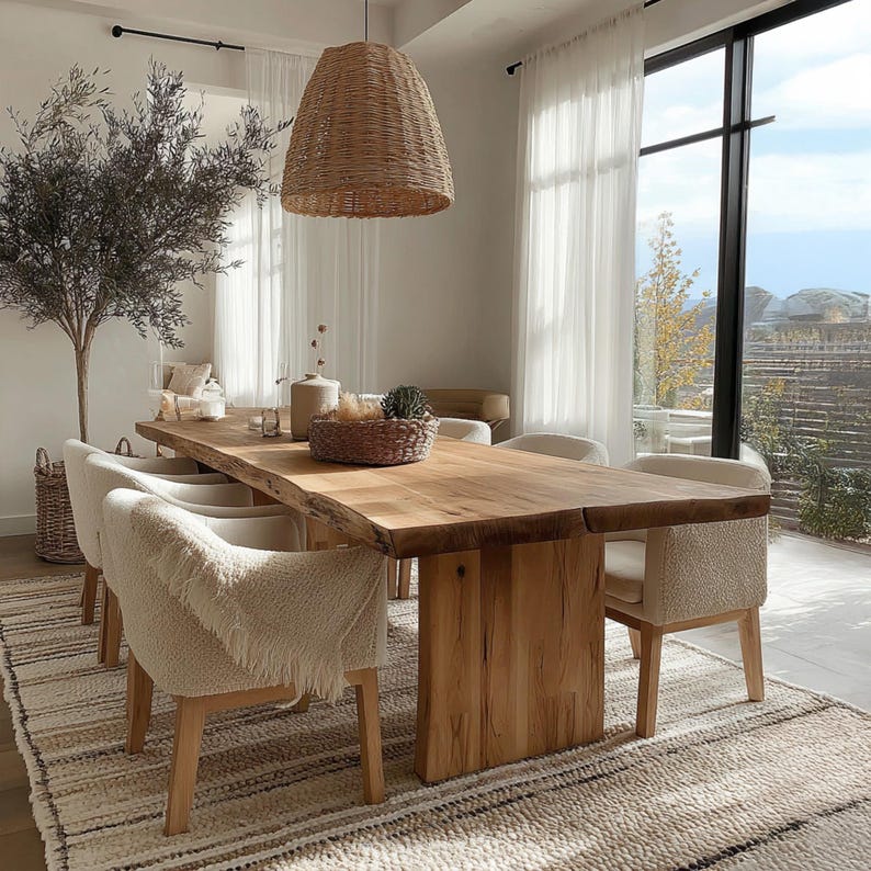 Pode incluir: Uma sala de jantar com uma grande mesa de madeira e cadeiras creme. Uma lumin&aacute;ria tecida pende sobre a mesa. O quarto tem um esquema de cores neutras, com um tapete listrado e cortinas transparentes. A mesa tem cerca de 240 cm de comprimento.