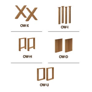 Pode incluir: Uma cole&ccedil;&atilde;o de componentes de m&oacute;veis de madeira, incluindo pernas em forma de X, pernas cil&iacute;ndricas, molduras retangulares e pain&eacute;is s&oacute;lidos. Cada componente &eacute; rotulado com um c&oacute;digo: OW-X, OW-I, OW-H, OW-D e OW-U. A madeira tem uma cor castanha clara natural.