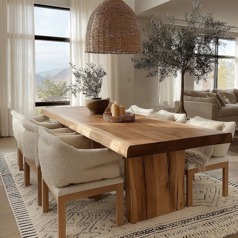Pode incluir: Uma grande mesa de jantar de madeira natural com borda viva, rodeada por cadeiras estofadas. Uma lumin&aacute;ria pendente tecida pende por cima. O quarto apresenta uma paleta de cores neutras, com um tapete estampado e janelas grandes.